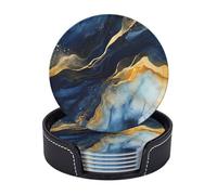 Leather Coasters Set of 6 with Holder, Round Cup Mat Navy Gold Watercolor Abstract Cup Mat for Drinks, Drink Coaster for Coffee Table Reusable Hot Drink Coaster for Room Decor Bar Housewarming Gift