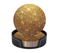 Leather Coasters Set of 6 with Holder, Round Gold Glitter Sparkle Texture Coaster for Desk,Durable Place Mat for Wooden Table, Living Room Decor