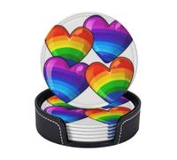 Leather Coasters with Holder, Rainbow Colored Gay Pride Hearts Coasters for Drinks, Drink Coasters Set of 6, Cup Mat Absorbent Cup Coasters Modern Coffee Table Coasters for House Warming Gifts