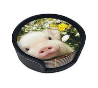 Leather Coasters With Holder Rape Flower Pig Set of 6 Heat Resistant Coaster For Tabletop Protection Desk Decor
