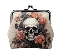 Leather Coin Purse for Women with Kiss Lock Wallet Ancient skull and flowers Clutch Purse Mini Change Purse Pouch