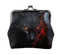 Leather Coin Purse for Women with Kiss Lock Wallet Big black wolf with red eyes Clutch Purse Mini Change Purse Pouch