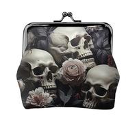 Leather Coin Purse for Women with Kiss Lock Wallet Black and White Flowers and Skull Clutch Purse Mini Change Purse Pouch