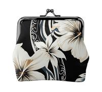 Leather Coin Purse for Women with Kiss Lock Wallet Black and white hawaiian flowers Clutch Purse Mini Change Purse Pouch