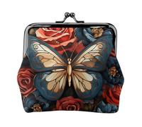 Leather Coin Purse for Women with Kiss Lock Wallet Butterflies and roses Clutch Purse Mini Change Purse Pouch