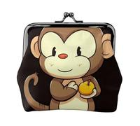 Leather Coin Purse for Women with Kiss Lock Wallet Cartoon monkey holding fruit Clutch Purse Mini Change Purse Pouch