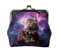 Leather Coin Purse for Women with Kiss Lock Wallet Cat sitting inside nebula Clutch Purse Mini Change Purse Pouch