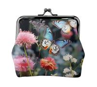 Leather Coin Purse for Women with Kiss Lock Wallet Colorful flowers and butterflies Clutch Purse Mini Change Purse Pouch