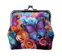 Leather Coin Purse for Women with Kiss Lock Wallet Colorful Flowers and Butterflies Clutch Purse Mini Change Purse Pouch