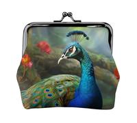 Leather Coin Purse for Women with Kiss Lock Wallet Colorful Peacock Clutch Purse Mini Change Purse Pouch