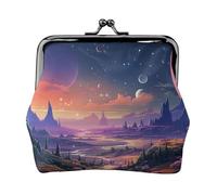 Leather Coin Purse for Women with Kiss Lock Wallet Colorful retro space theme Clutch Purse Mini Change Purse Pouch