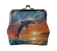 Leather Coin Purse for Women with Kiss Lock Wallet Dolphins and Palm Trees Clutch Purse Mini Change Purse Pouch