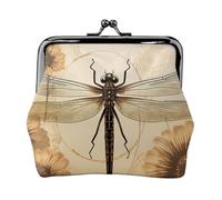 Leather Coin Purse for Women with Kiss Lock Wallet Dragonfly on sunflower Clutch Purse Mini Change Purse Pouch