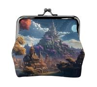 Leather Coin Purse for Women with Kiss Lock Wallet Fantasy Town Clutch Purse Mini Change Purse Pouch