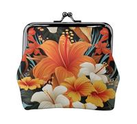 Leather Coin Purse for Women with Kiss Lock Wallet Flowers and Hawaiian Tribal Clutch Purse Mini Change Purse Pouch