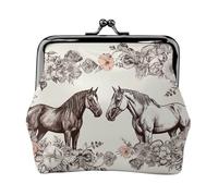 Leather Coin Purse for Women with Kiss Lock Wallet Flowers and horses hand drawn Clutch Purse Mini Change Purse Pouch