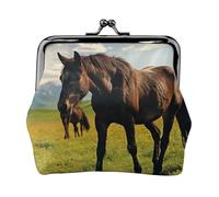 Leather Coin Purse for Women with Kiss Lock Wallet Grazing wild horses Clutch Purse Mini Change Purse Pouch