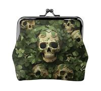 Leather Coin Purse for Women with Kiss Lock Wallet Green background skull and leaves Clutch Purse Mini Change Purse Pouch
