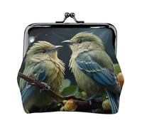 Leather Coin Purse for Women with Kiss Lock Wallet Green Birds Clutch Purse Mini Change Purse Pouch