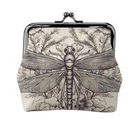 Leather Coin Purse for Women with Kiss Lock Wallet Hand drawn floral dragonfly Clutch Purse Mini Change Purse Pouch