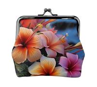 Leather Coin Purse for Women with Kiss Lock Wallet Hawaii Flowers Clutch Purse Mini Change Purse Pouch