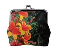 Leather Coin Purse for Women with Kiss Lock Wallet Hawaii flowers Clutch Purse Mini Change Purse Pouch