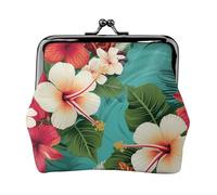 Leather Coin Purse for Women with Kiss Lock Wallet Hawaiian flowers on green background Clutch Purse Mini Change Purse Pouch