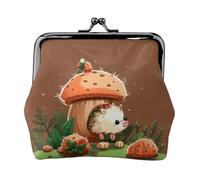 Leather Coin Purse for Women with Kiss Lock Wallet Hedgehog and mushroom Clutch Purse Mini Change Purse Pouch
