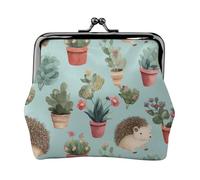 Leather Coin Purse for Women with Kiss Lock Wallet Hedgehog potted flower Clutch Purse Mini Change Purse Pouch