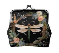 Leather Coin Purse for Women with Kiss Lock Wallet Image of dragonfly in wreath Clutch Purse Mini Change Purse Pouch
