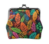 Leather Coin Purse for Women with Kiss Lock Wallet Jungle colorful leaves Clutch Purse Mini Change Purse Pouch