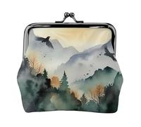 Leather Coin Purse for Women with Kiss Lock Wallet Mountain birds watercolor Clutch Purse Mini Change Purse Pouch