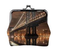 Leather Coin Purse for Women with Kiss Lock Wallet New York Manhattan Bridge Night Clutch Purse Mini Change Purse Pouch