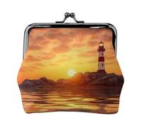 Leather Coin Purse for Women with Kiss Lock Wallet Sea lighthouse in sunset Clutch Purse Mini Change Purse Pouch