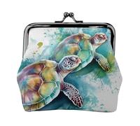 Leather Coin Purse for Women with Kiss Lock Wallet Two turtles watercolor splash Clutch Purse Mini Change Purse Pouch