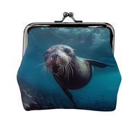 Leather Coin Purse for Women with Kiss Lock Wallet Underwater Sea Lion Clutch Purse Mini Change Purse Pouch