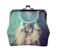 Leather Coin Purse for Women with Kiss Lock Wallet White dream catcher feather Clutch Purse Mini Change Purse Pouch