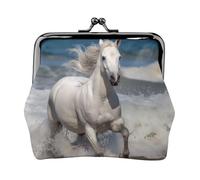 Leather Coin Purse for Women with Kiss Lock Wallet White horse running on the sea Clutch Purse Mini Change Purse Pouch