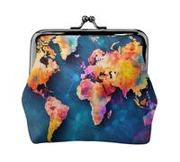 Leather Coin Purse Pouch for Women Clutch Beautiful Beach Sunset Change Purse with Kiss-Lock Mini Wallet Card Holder, Abstract World Map, One Size, Print