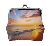 Leather Coin Purse Pouch for Women Clutch Blue Background Change Purse with Kiss-Lock Mini Wallet Card Holder, Tropical Sunrise On The Beach, One Size