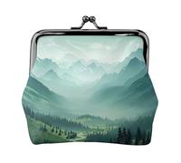 Leather Coin Purse Pouch for Women Clutch Blue Background Change Purse with Kiss-Lock Mini Wallet Card Holder, Green Mountain Landscape, One Size, Print