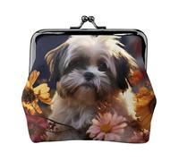 Leather Coin Purse Pouch for Women Clutch Colorful Hand Painted Easter Eggs Change Purse with Kiss-Lock Mini Wallet Card Holder, Shih Tzu Dog And Flowers, One Size