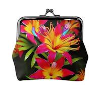 Leather Coin Purse Pouch for Women Clutch Houndstooth Black Change Purse with Kiss-Lock Mini Wallet Card Holder, Hawaiian Colorful Flower, One Size