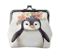 Leather Coin Purse Pouch for Women Clutch The silent monkey Change Purse with Kiss-Lock Mini Wallet Card Holder, Penguin Wearing Flowers, One Size, Coin Purse