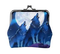 Leather Coin Purse with Kiss Lock Coin Pouch Blue Wolf Moon Change Holder Mini Wallets for Women Clutch