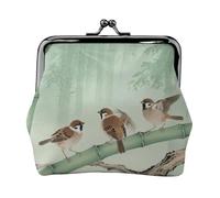 Leather Coin Purse with Kiss Lock Coin Pouch Brown Birds on Bamboo Change Holder Mini Wallets for Women Clutch