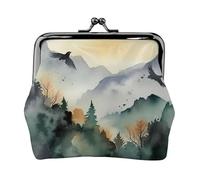 Leather Coin Purse with Kiss Lock Coin Pouch Mountain birds watercolor Change Holder Mini Wallets for Women Clutch