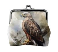 Leather Coin Purse with Kiss Lock Coin Pouch Watercolor of Hawk Sitting in The Tree Change Holder Mini Wallets for Women Clutch