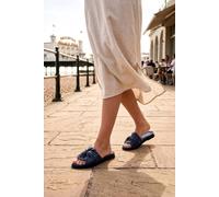 Leather Collection Women's Leather Knotted Strap Flat Slider Sandal with Cushioned Footbed in Midnight | Size: 3 Leather Collection Midnight 3