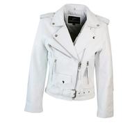 Leather Company Brando Women's Black Red White Classic Biker Motorcycle Motorbike Hide Leather Jacket - White - UK 16